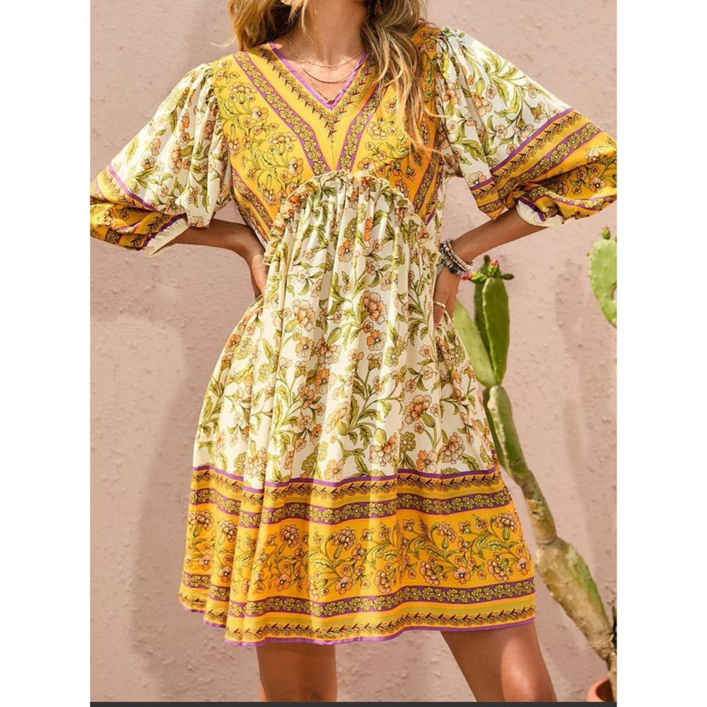 BTFBM Floral Boho Midi Dress Women M V-Neck Balloon Sleeve Peasant Festival Folk - Picture 3 of 11